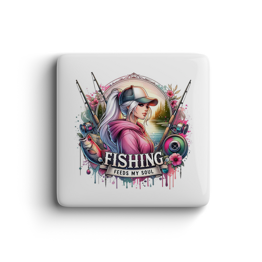 Fun magnet with a stylish woman angler, fishing rods, colorful fish, flowers, and the words Fishing Feeds My Soul