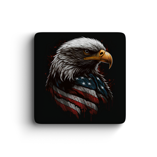 Patriotic bald eagle magnet with American flag art on black background, vibrant and bold design