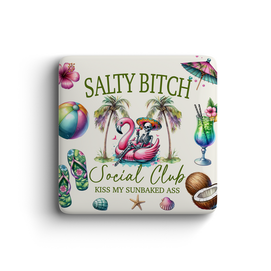 Fun magnet with skeleton on flamingo float, tropical palm trees, cocktails, and playful beach designs, perfect for salty summer vibes