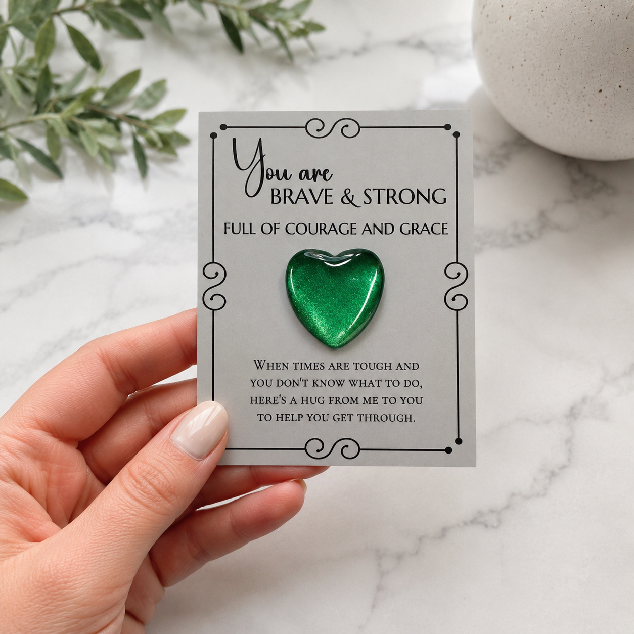 Inspirational pocket hug keepsake with a heart-shaped token on a "You Are Brave & Strong" encouragement card, a thoughtful comfort gift for friends, family, coworkers, or anyone needing support. Green
