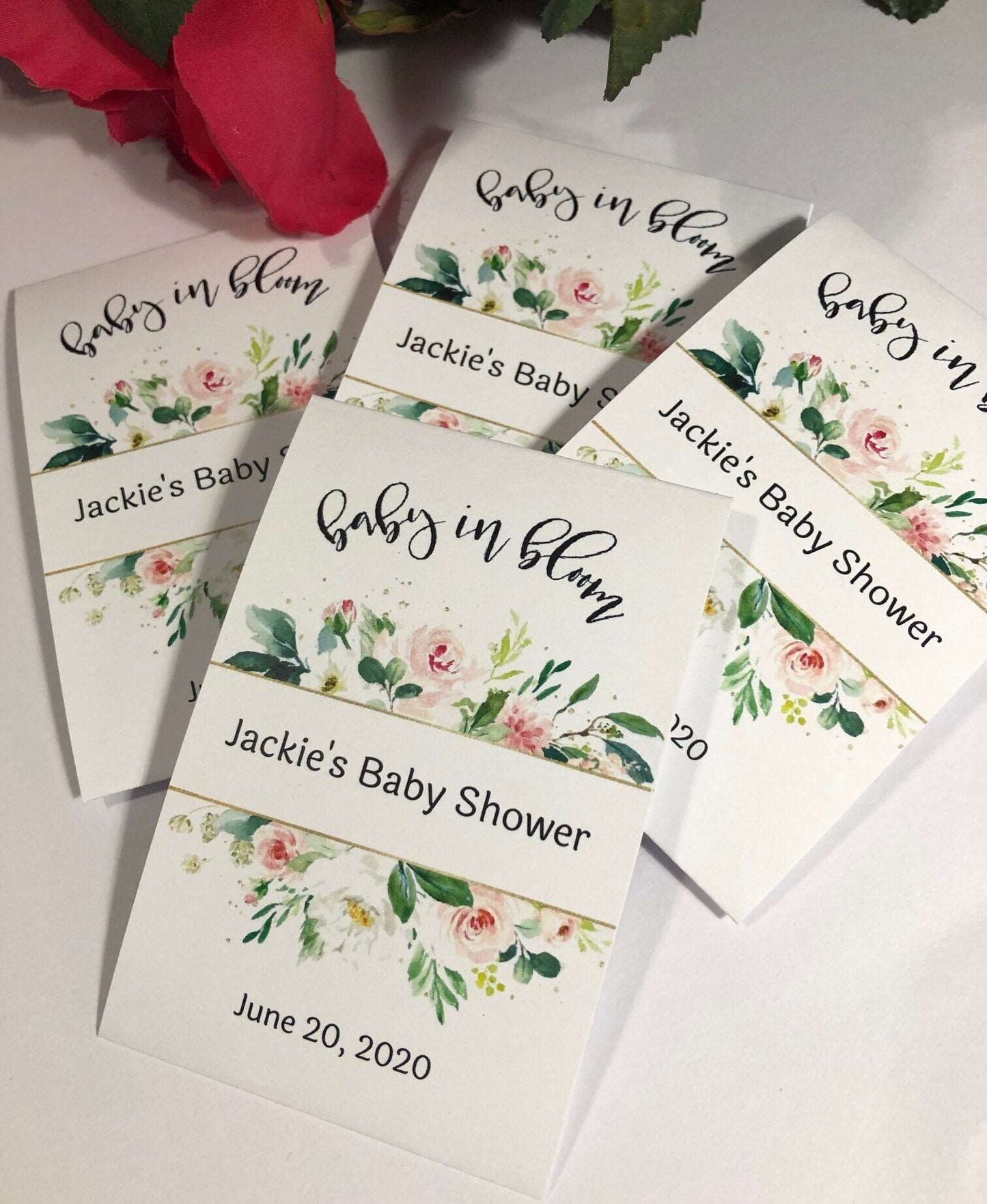 Baby Shower Seed Packet Favors, Peach Peony Greenery Personalized