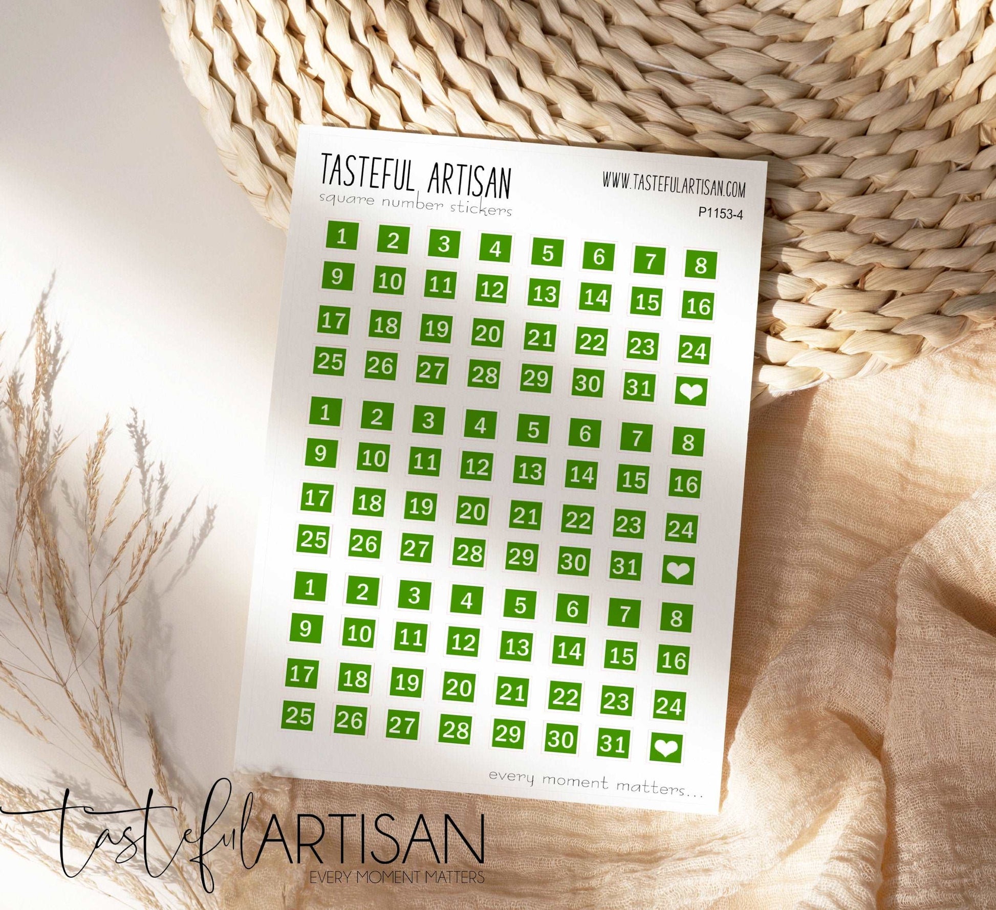 Bullet Journal Stickers, Square Numbers GREEN Color