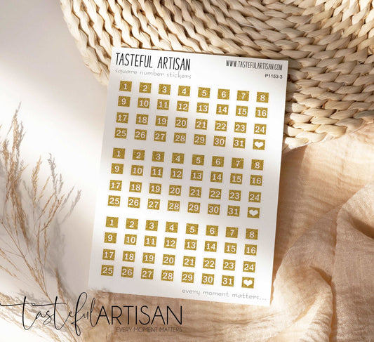 Bullet Journal Stickers, Square Numbers GOLD Color