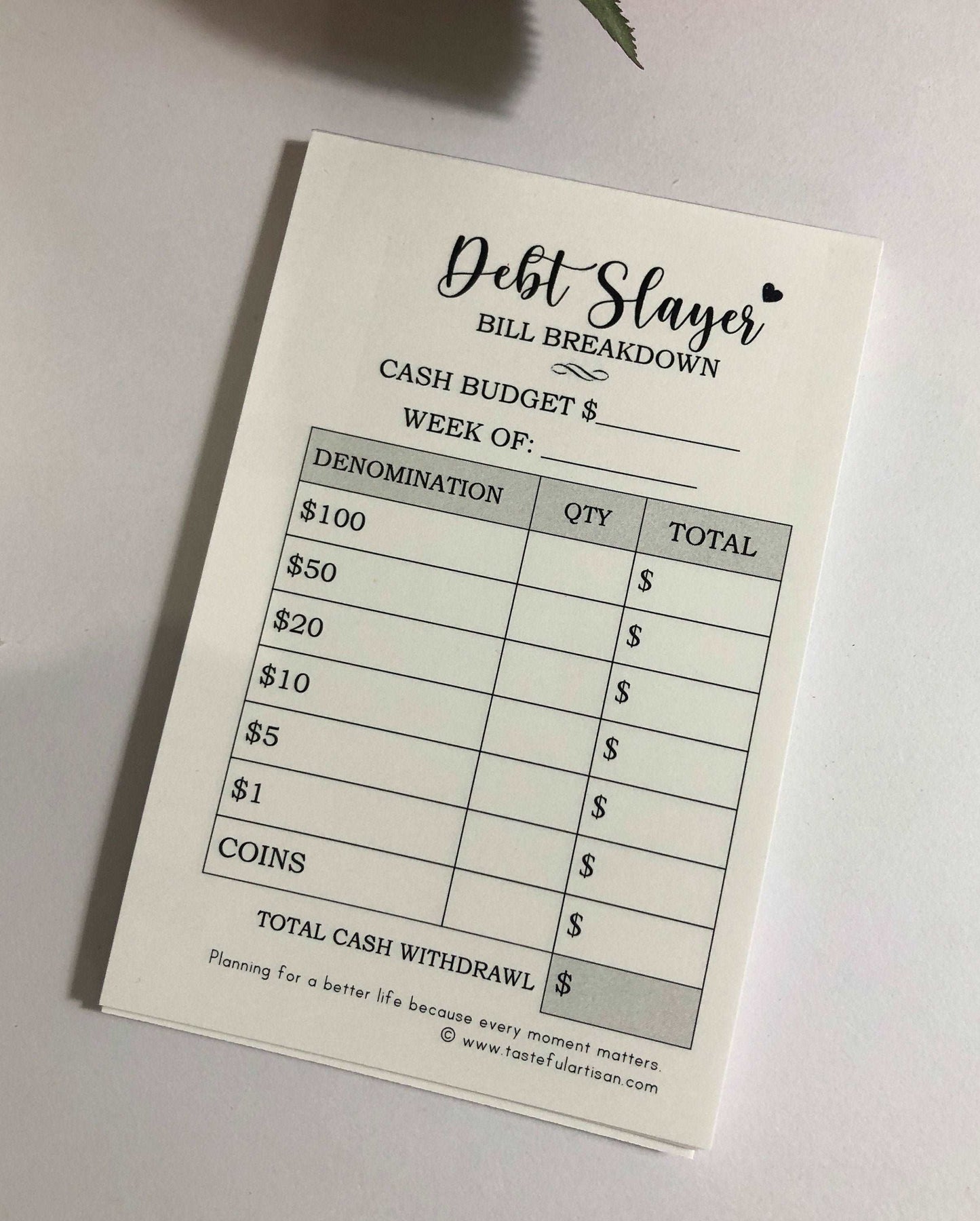 Bill Breakdown Pad of 26 (6 months) Cash Budget Sheets, Bank Teller Cash Breakdown, Debt Snowball