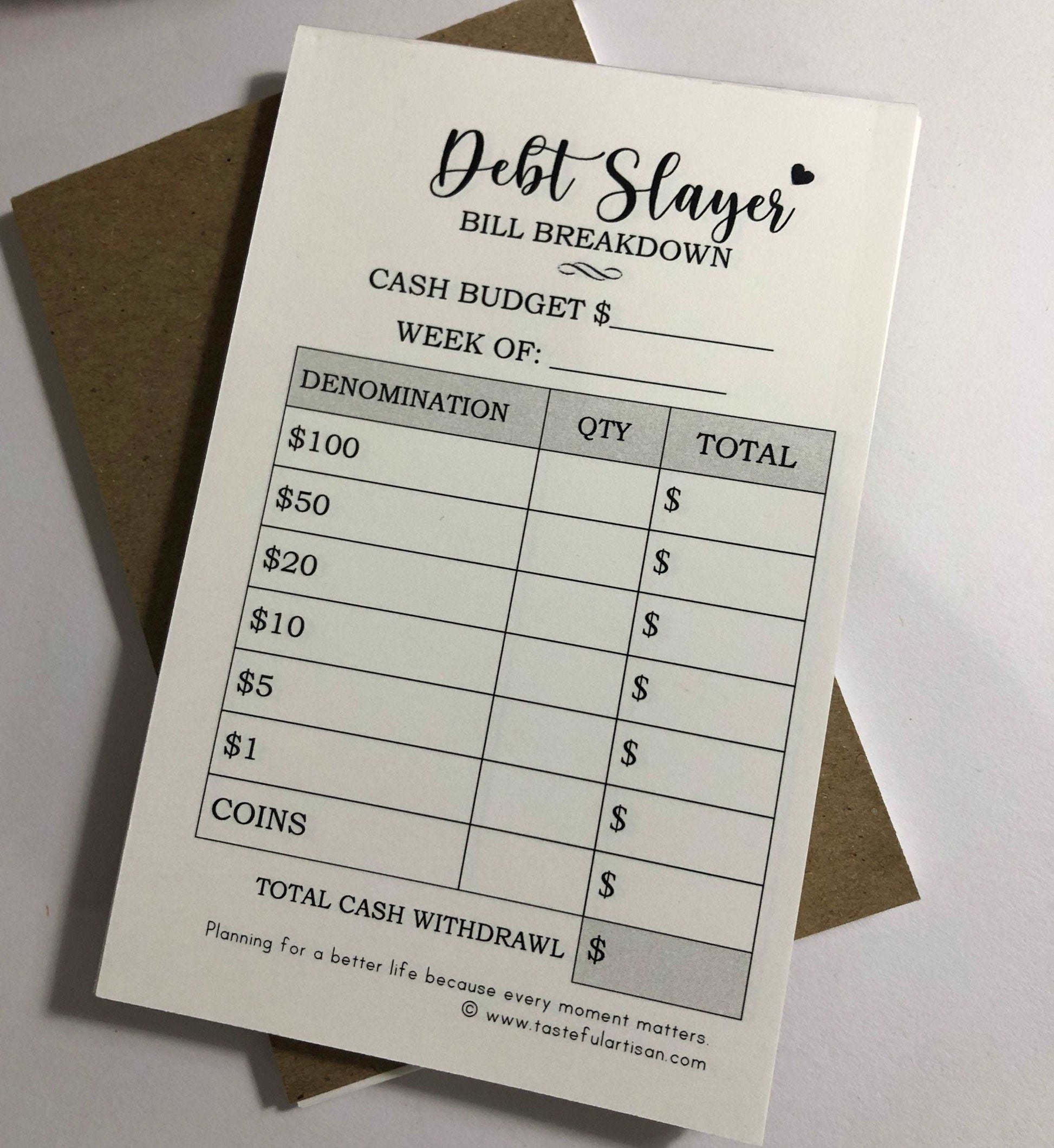 Bill Breakdown Pad of 26 (6 months) Cash Budget Sheets, Bank Teller Cash Breakdown, Debt Snowball