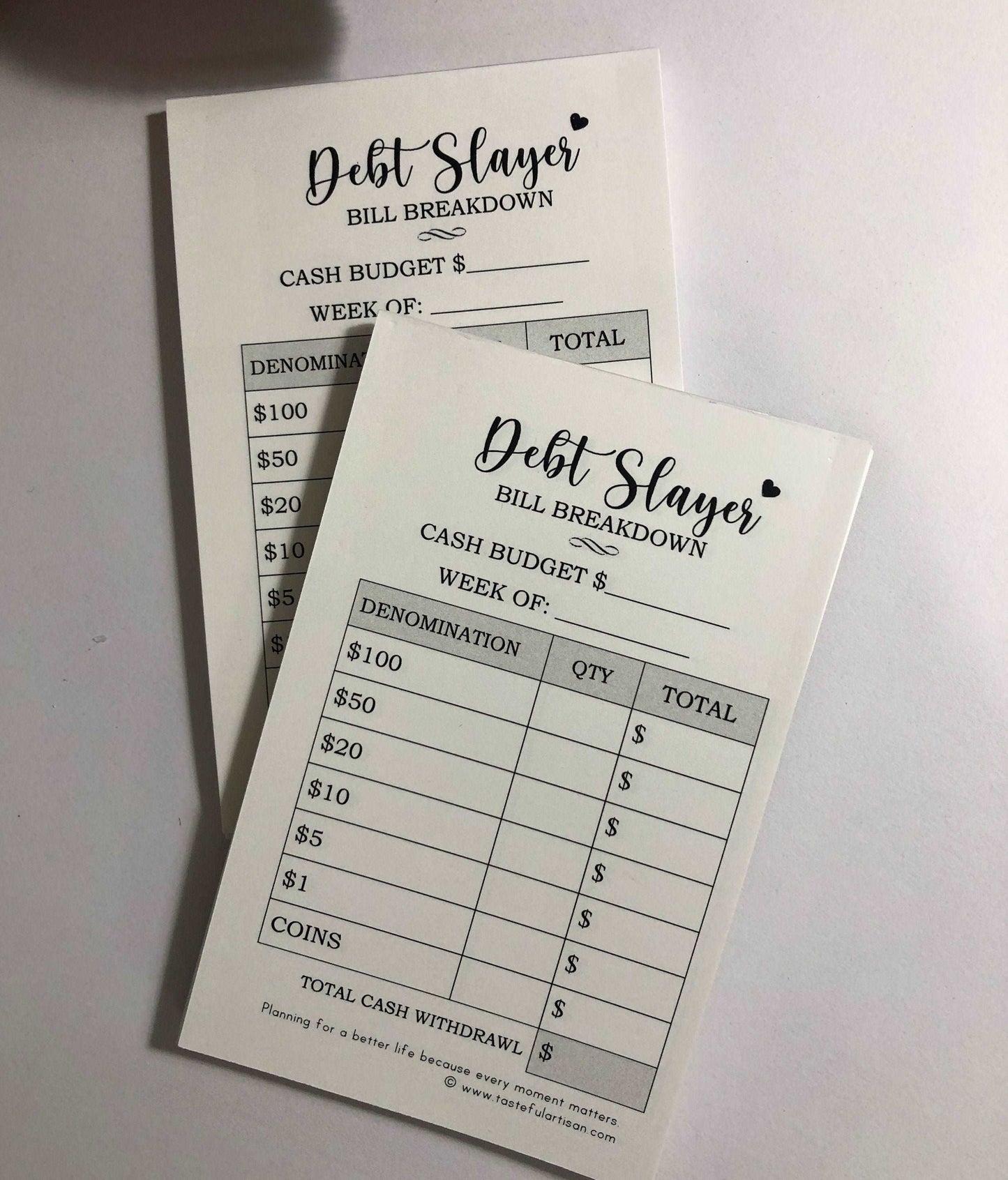 Bill Breakdown Pad of 26 (6 months) Cash Budget Sheets, Bank Teller Cash Breakdown, Debt Snowball