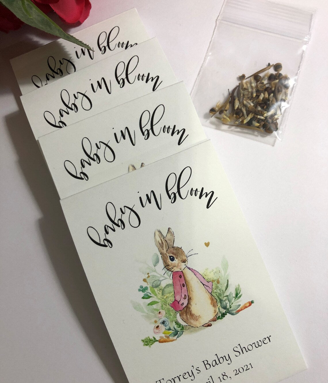 Flopsy Bunny Pink Jacket Peter Rabbit Wildflower Seed Packets for Baby Shower