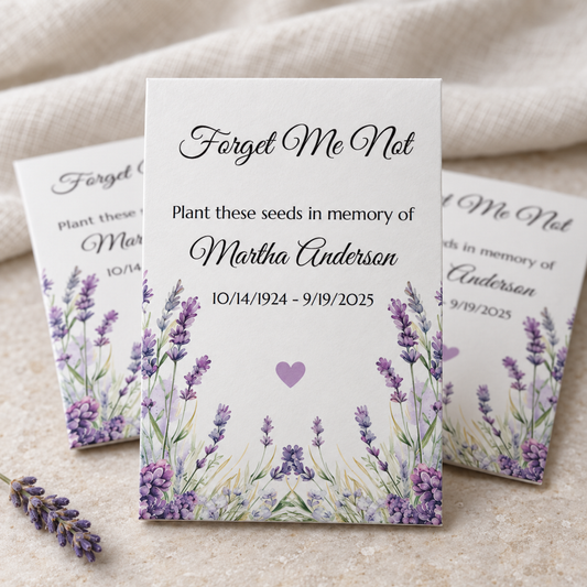 Personalized Funeral Seed Packets, Lavender Memorial Favors, Forget Me Not Seeds