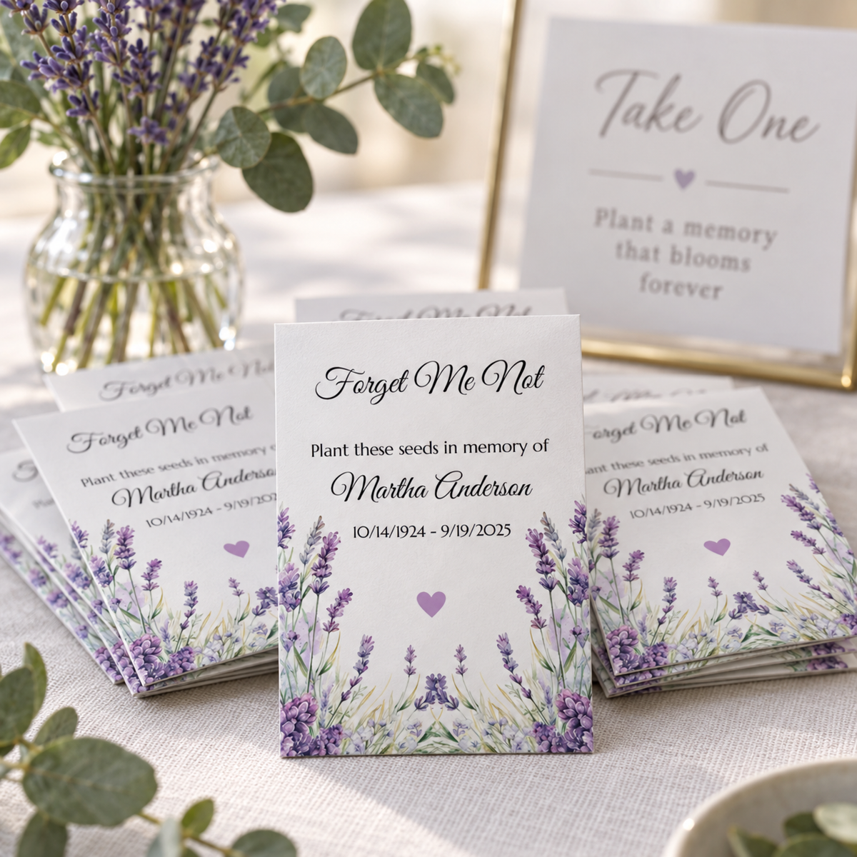Personalized Funeral Seed Packets, Lavender Memorial Favors, Forget Me Not Seeds