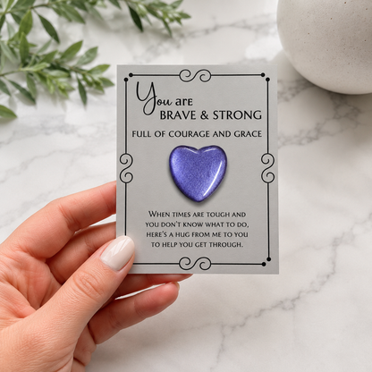 Inspirational pocket hug keepsake with a heart-shaped token on a "You Are Brave & Strong" encouragement card, a thoughtful comfort gift for friends, family, coworkers, or anyone needing support. Purple