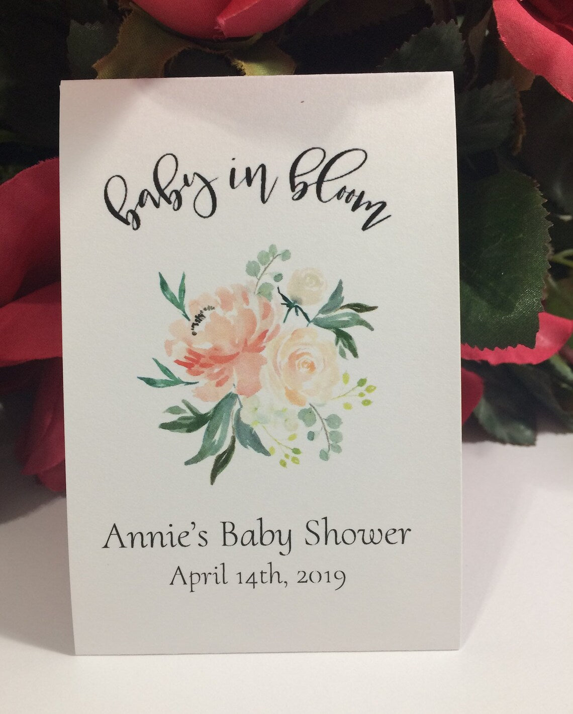 Baby in Bloom, Personalized Baby Shower Seed Packet Favors, Delicate Peach Peony Floral